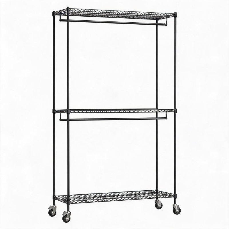 Organisateur de vêtements autoportant robuste - Tablettes grillagées réglables à 3 niveaux - Tringles de suspension doubles - Rangement portatif à roulettes pour chambre ou salle de lavage - Noir