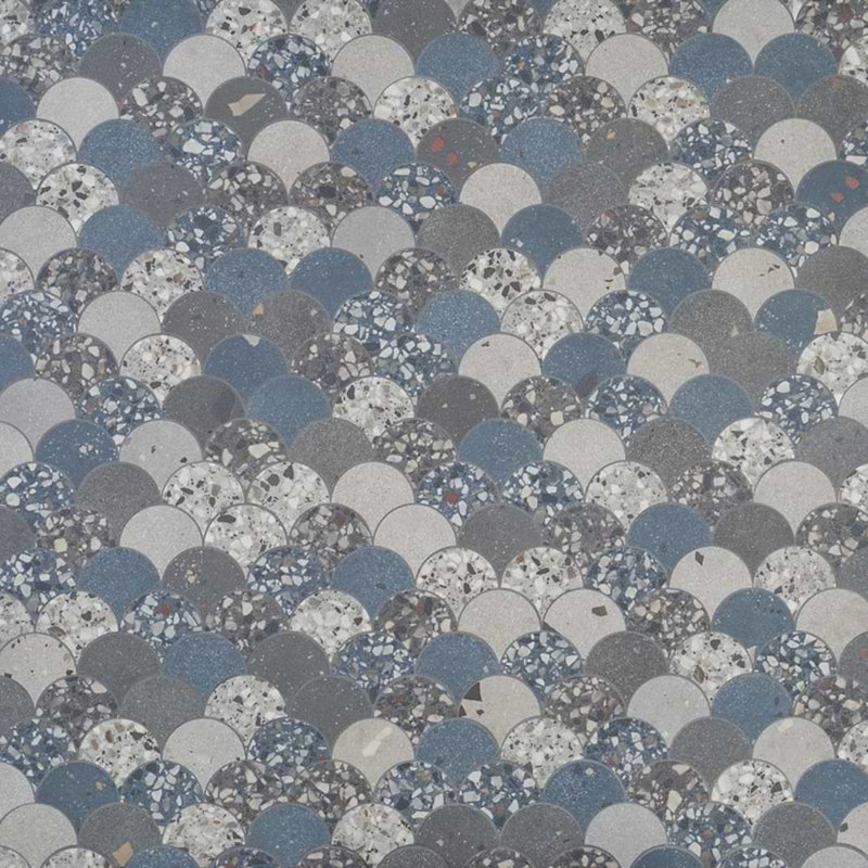 Kobe Fishscale Mix 4" Terrazzo Look Matte Porcelain Mosaic Tile, Cool Blue