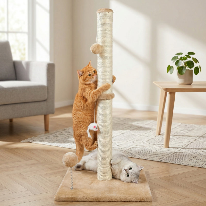 Grattoir à chat vertical 32 pouces 3 en 1 avec jouets en peluche et base renforcée, sisal de qualité supérieure, beige