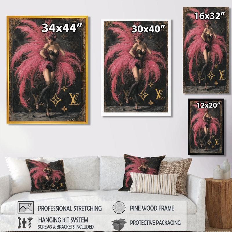 Déesse cabaret rose à plumes roses - salon art mural femme, H 32 po x l 24 po, Cadre flottant noir