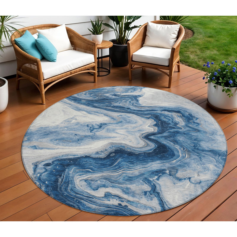 Tapis extérieur rond lavable abstrait bleu marine et argent 8 pi