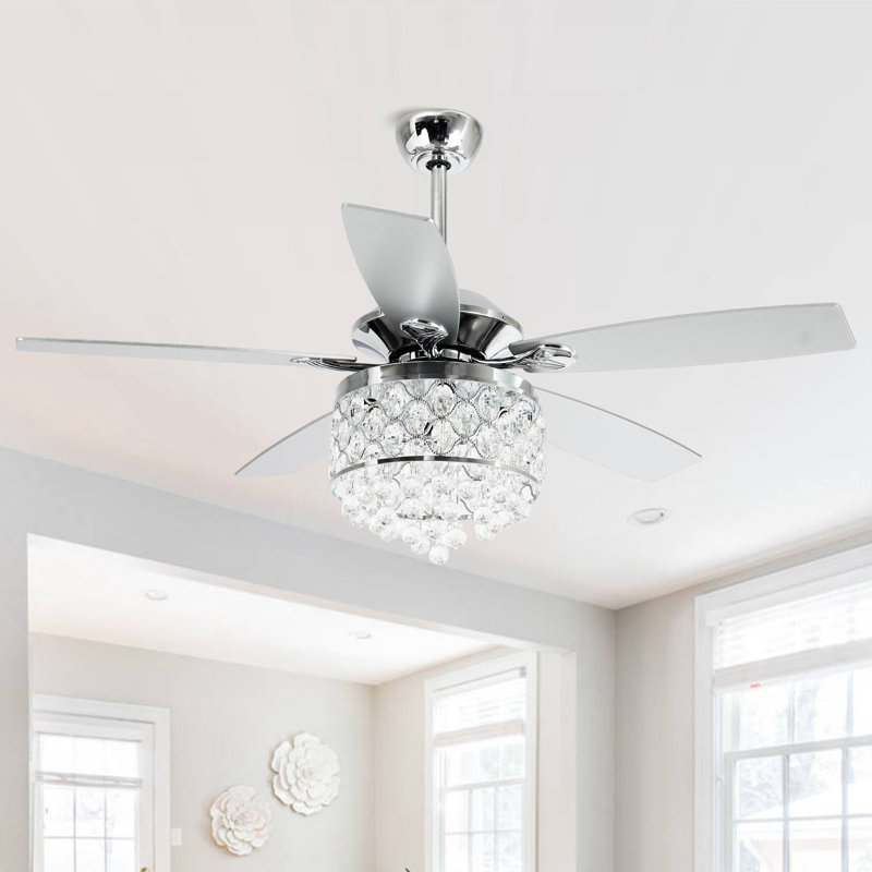 52" Torrie 5 - Blade Crystal Ceiling Fan with Remote Control and Light Kit Included, Chrome