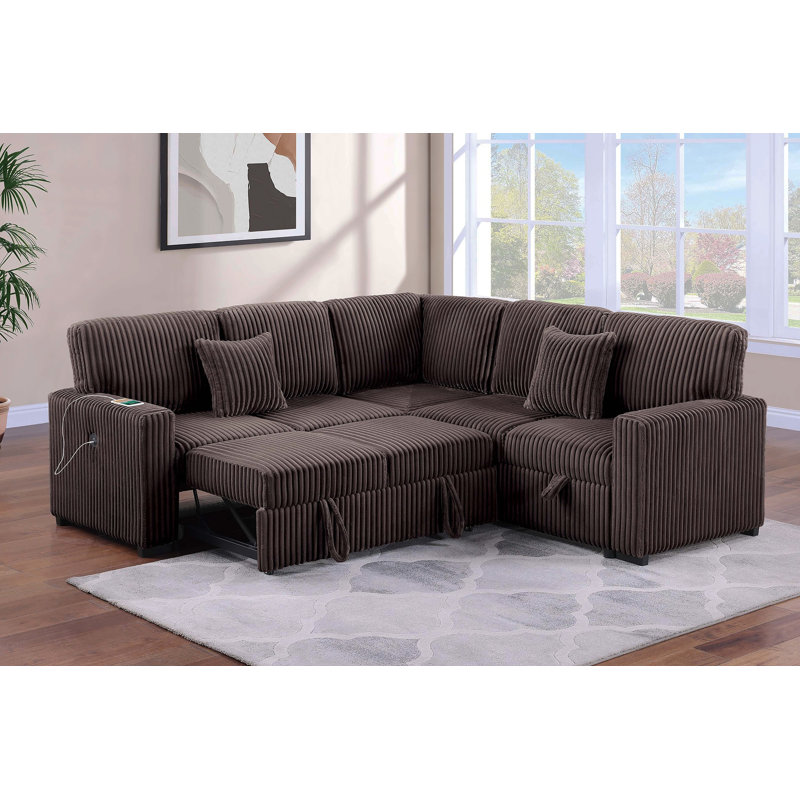 Modern Style Soft Textured 3Pc Convertible Sectional Reversible Storage Pull Out Bed USB Port Chocolate Finish Primary Living Room Pillow Included