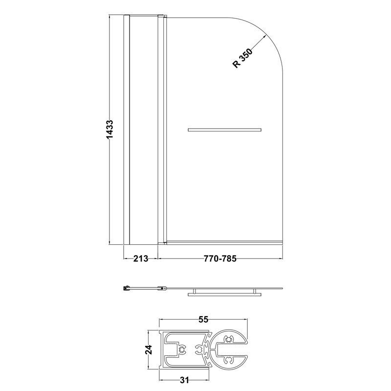 1005mm W x 1435mm H Pivot Semi-Frameless Tub Door with Clear Glass