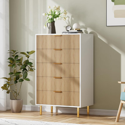 Modern 5-Drawer Dresser, Wood Storage Organizer with Gold Metal Handles for Bedroom, Entryway