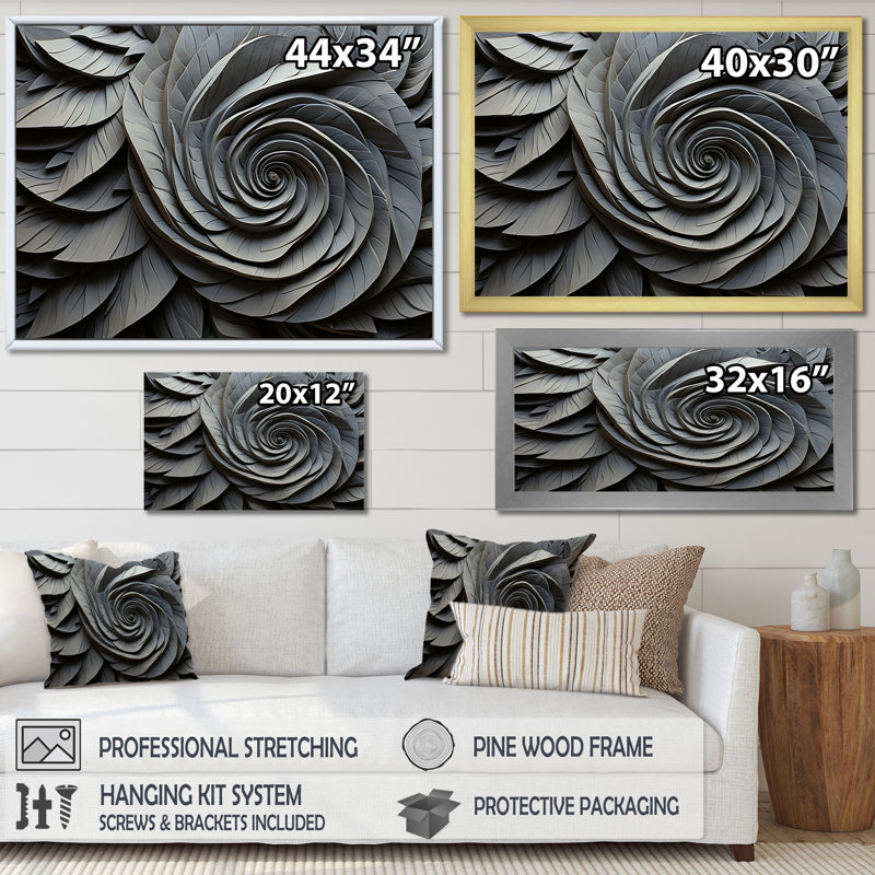 «Grey Spiraling Abstrract Flowers», art mural abstrait en spirale, Cadre flottant noir, H 16 po x l 32 po x P 1 po