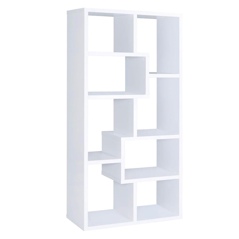 Bibliothèque blanche à multiples tablettes rectangulaires géométriques, compartiments ouverts pour ranger les trophées et structure verticale moderne, format compact, avec caractéristique, en pot stratifié