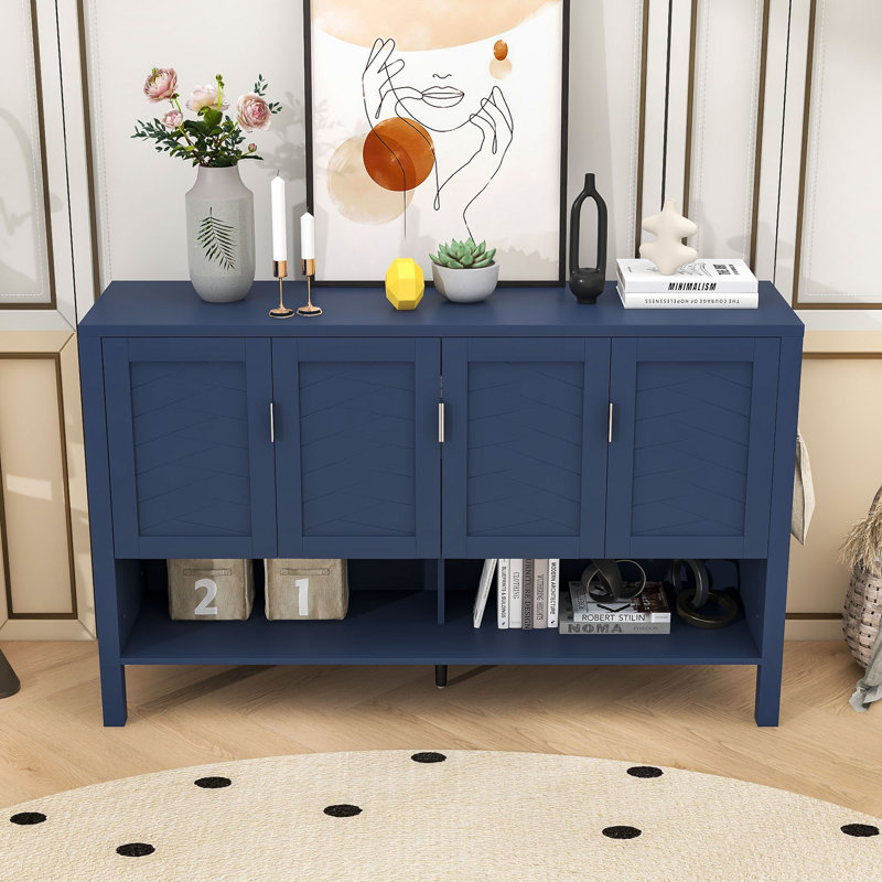 Buffet élégant à quatre portes avec tablettes réglables, portes géométriques et rangement ouvert, Navy Blue