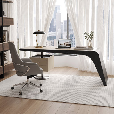 62.99" Luxury Executive Desk with 2 Large-capacity Drawer, Hidden Compartment  Wireless Charging, Saddle Leather and Smoked Veneer Office Table for H