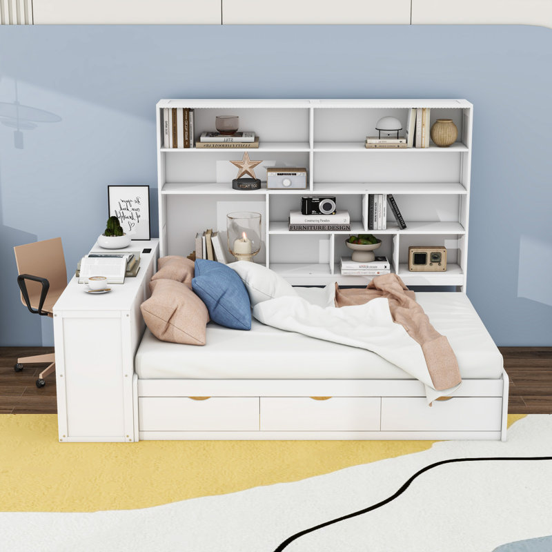 Full Size Wooden Daybed with Built-in Lights, Storage Shelves, Charging station and Drawers, White
