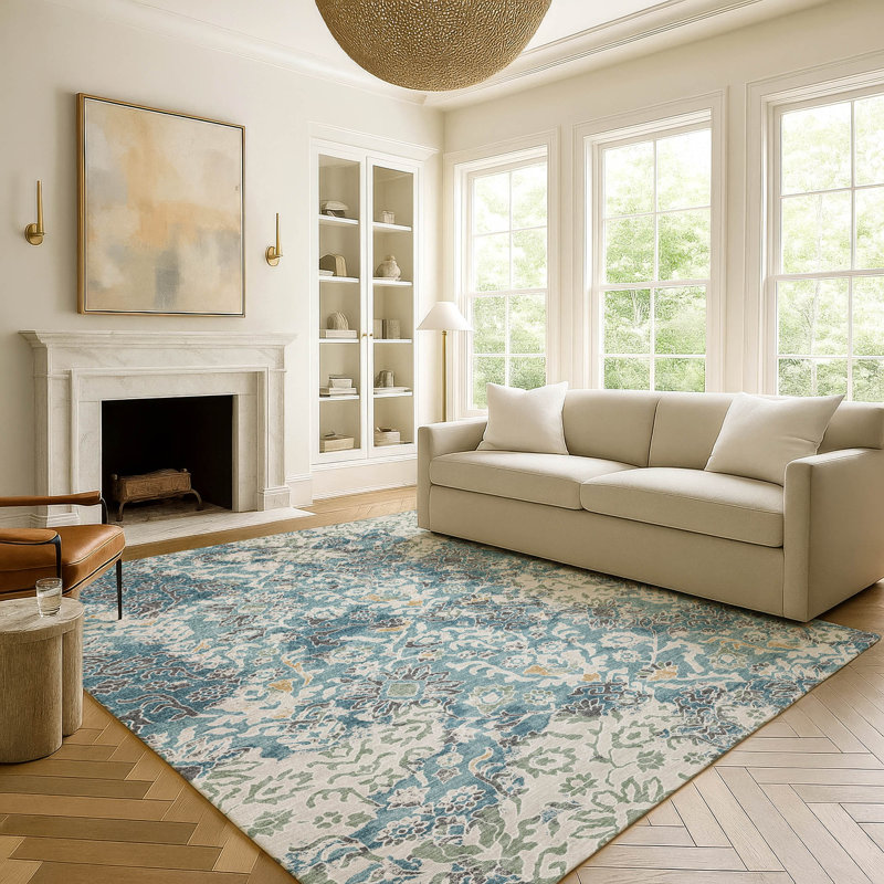 Tapis traditionnel lavable à la machine intérieur / extérieur ACN2584, Bleu sarcelle, 3 pi x 5 pi