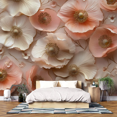 Murale florale 3D Blush and Cream - Papier peint floral texturé élégant pour chambre à coucher, boutique ou salle d'eau - Décoration murale romantique
