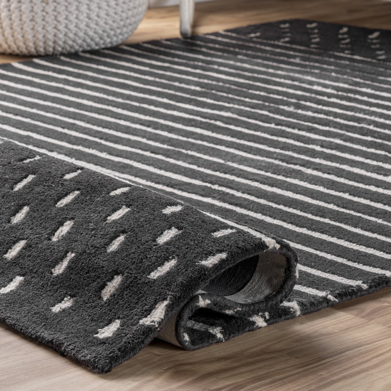 Tapis intérieur / extérieur en laine rayé tressé à la main noir / blanc, Rectangle 4 pi x 6 pi