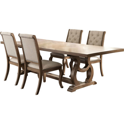 5 - Piece Dining In Transitional Design: Barley Brown Rectangular Table And 4 Upholstered Chairs With Removable Extension Leaf Trestle Base Solid Back A
