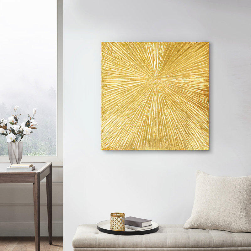 Hand Painted 30"W 30"H Resin Wall Art - Abstract Burst Gold Metallic X, Gold