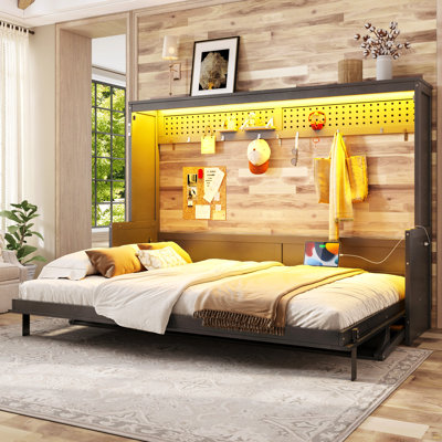 Grand lit escamotable avec bureau, station de charge USB, lumières DEL