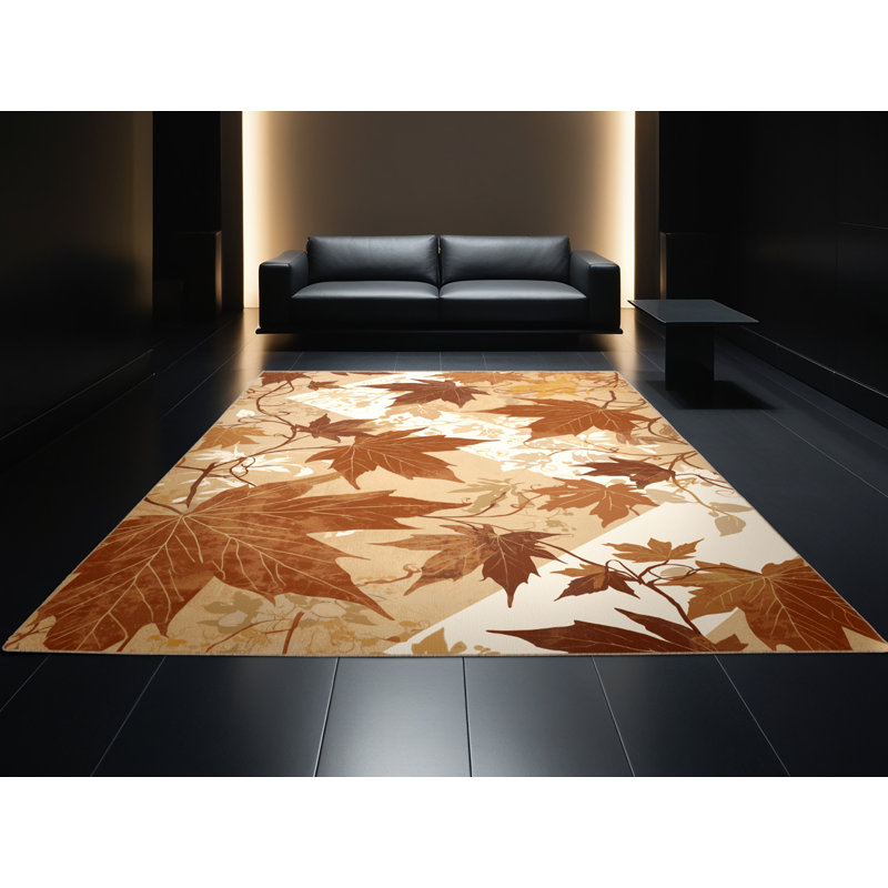 Machine Washable Ottwell Vine Maple Garden Floral Rug in Brown – Beige Binding, 7x10