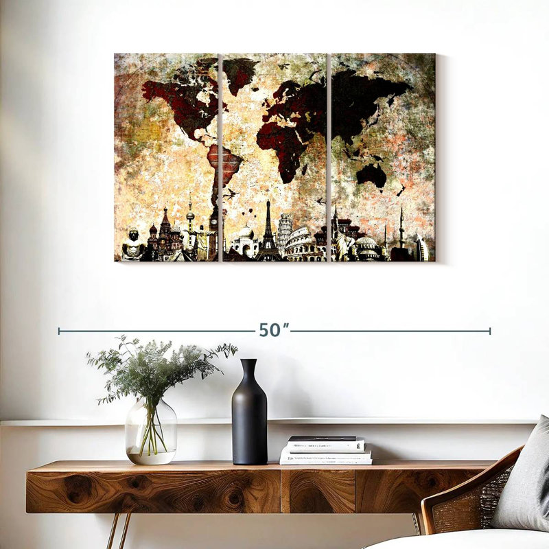 " Brick World Map " 3 Piece Art Set, 24" H x 38" W x 1.25" D