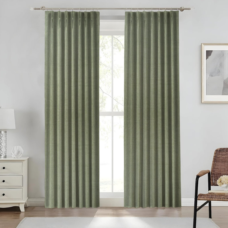 Fabdivine Handmade Thick Linen Striped Green Curtain 27x24 Inches, 2- Panel Set Block Print Drapes with Pleated Pinch Room Darkening, for Living Room, Office or Bedroom Window Décor, Manpasand