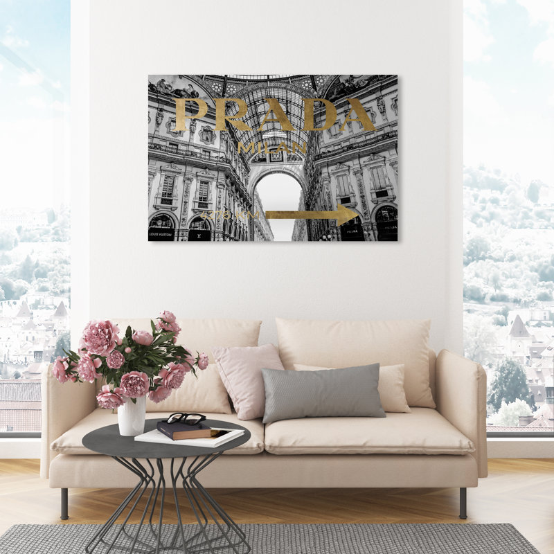 " Milan Galleria Roadsign Noir GOLD ", 10" H x 15" W x 1.5" D, Wrapped Canvas