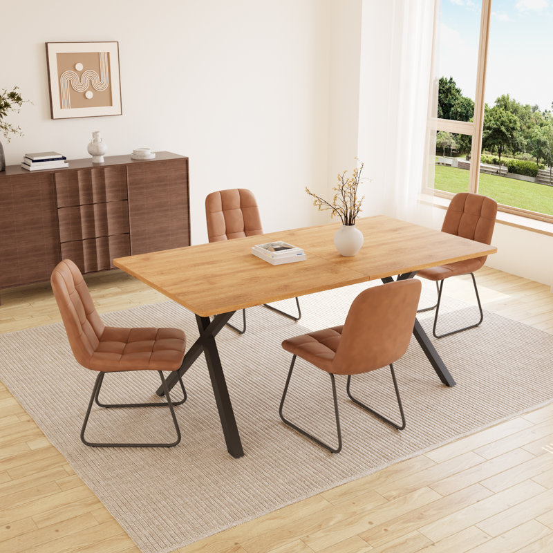 Costner 63" Modern Oak Dining Table Set For Small Spaces, 5-piece Set With Rectangular Table & 4 Padded Leather Chairs, Compact, Sturdy & Easy To Assemble