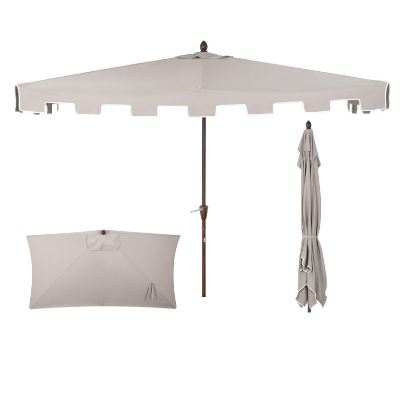 Parasol de terrasse semi-rigide à manivelle de 9 pi avec manivelle et bordure carrée Sidney, auvent gris, mât brun foncé