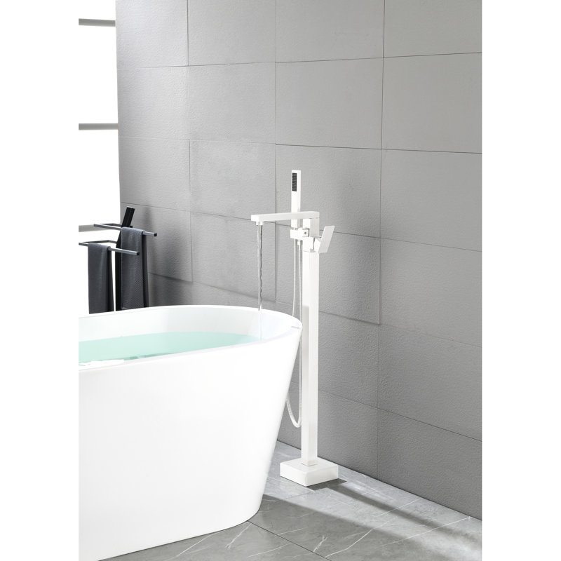 Robinet de baignoire autoportant - Robinet pour salle de bain en nickel brossé avec bec rotatif à 360 degrés et douche à main pour poignée simple transitionnelle, pivotant à main