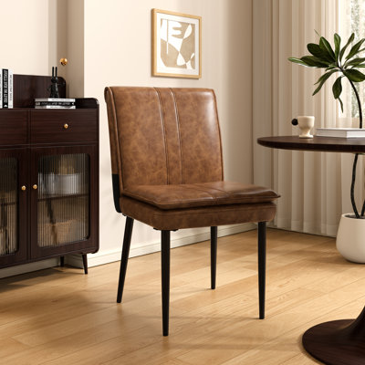 Ensemble de 2 chaises de salle à manger en similicuir, chaises d'appoint modernes Mid-Century, chaises d'appoint de cuisine avec siège rembourré, chaises Parsons de salle à manger avec dossier pliant pour salle à manger / salon, brun avec anneau