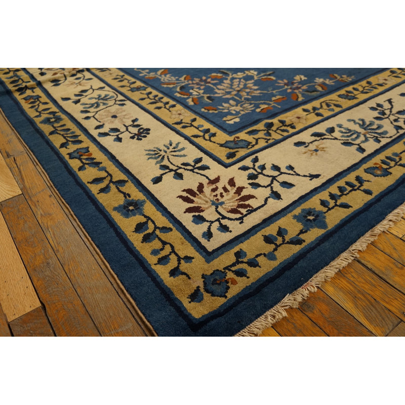 Blue Color Square Shape Antique Floral Medallion Hand Knotted Chinese Peking Rug