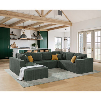 Canapé modulaire en U entièrement rembourré en velours côtelé avec repose-pieds mobile - aucun assemblage requis