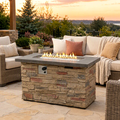 42 Inch Propane Fire Pit Table, 50,000 BTU Rectangular Outdoor Gas Fire Pit with Glass Rocks, Adjustable Flame, Hidden Tank Storage & Cover for Patio, Deck, Backyard - Beige