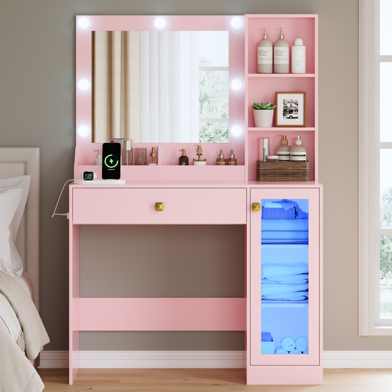 Petite coiffeuse avec miroir et lumières, Rose