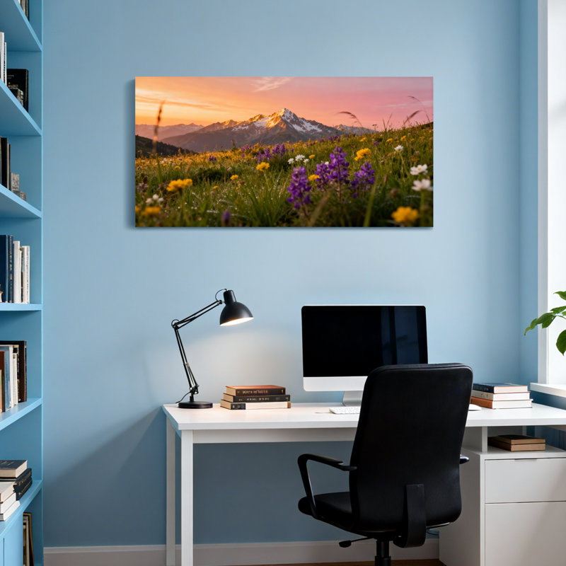 «Landscape & Nature Mountain Sunset Wildflowers Field», reproduction sur toile, H 20 po x l 40 po