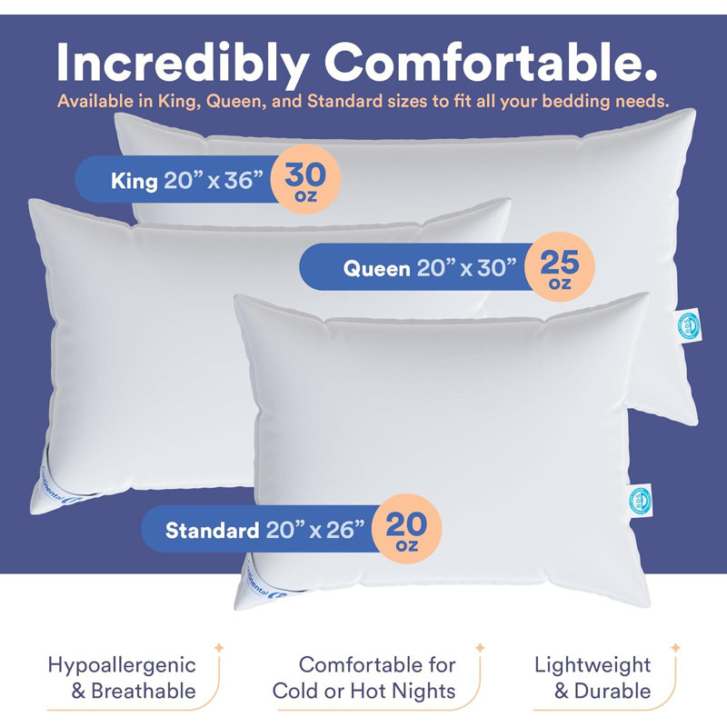 Continental Bedding Plush Down Pillows, 2-Pack, 550FP Down, 400TC 100% Cotton Cover, King