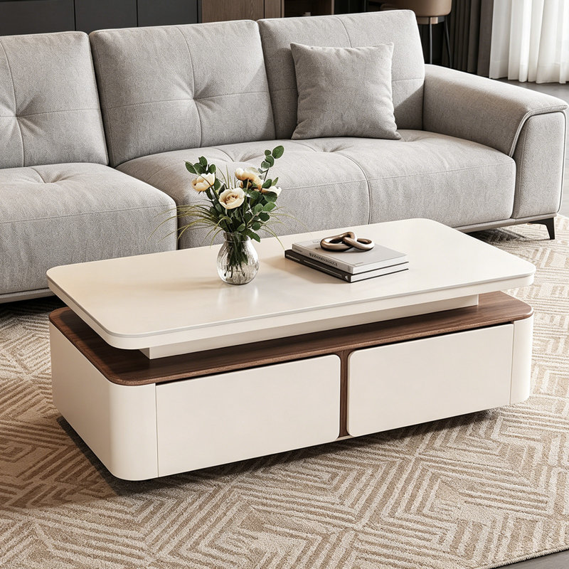 Table basse rectangulaire avec rangement Modern Simplicity, H 16,92 po x l 55,11 po x P 27,55 po, Blanc/Crème