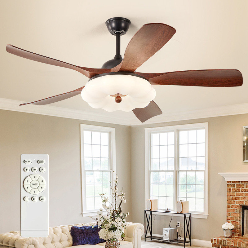Ventilateur de plafond 46 po à 5 pales en noyer avec lumière DEL, télécommande, 6 vitesses, flux d'air réversible, éclairage à intensité variable, réglable en hauteur pour les patios couverts de salon