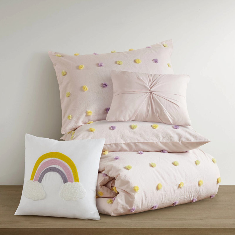 Édredon en coton double / grand 5 pièces avec et rembourrage, -, vient avec un édredon, des taies décoratives, deux coussins décoratifs brodés de motifs différents, lavable à la machine, arc-en-ciel assorti