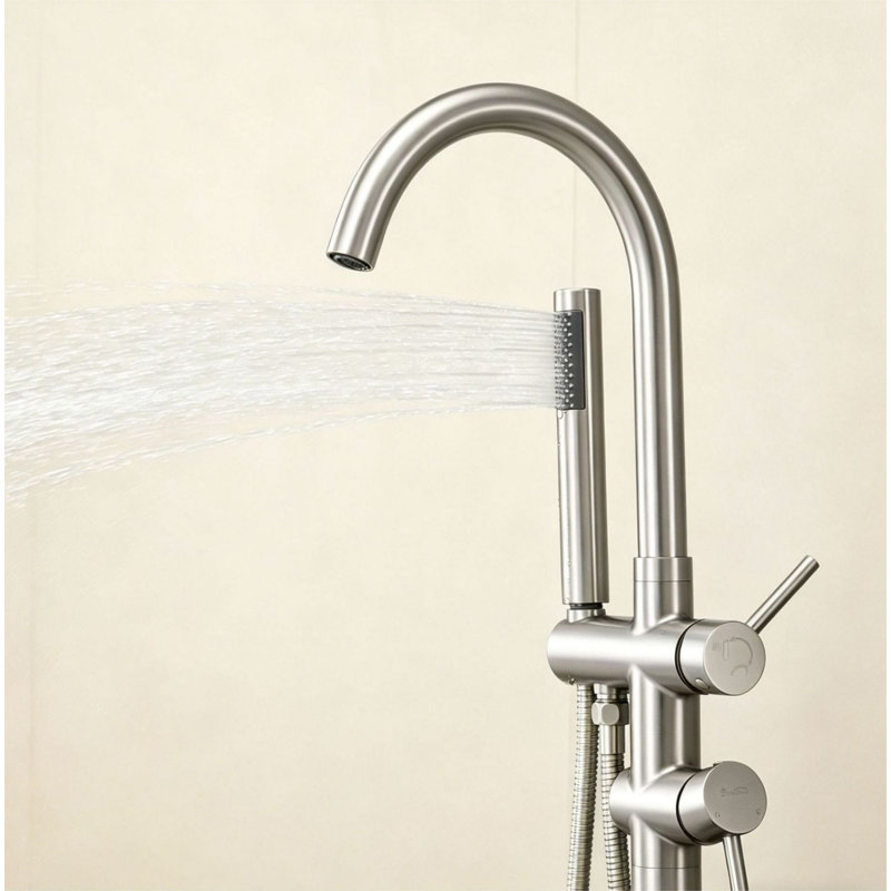 Robinet de baignoire autoportant à fixation au sol avec douche à main, Nickel brossé