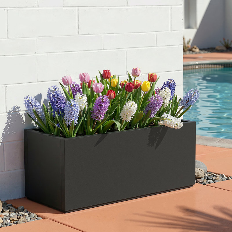 Rectangular Planter-Metal Planter Box With Drainage Holes for Indoor and Outdoor Use, Black, 16.3" H x 38" W x 15" D