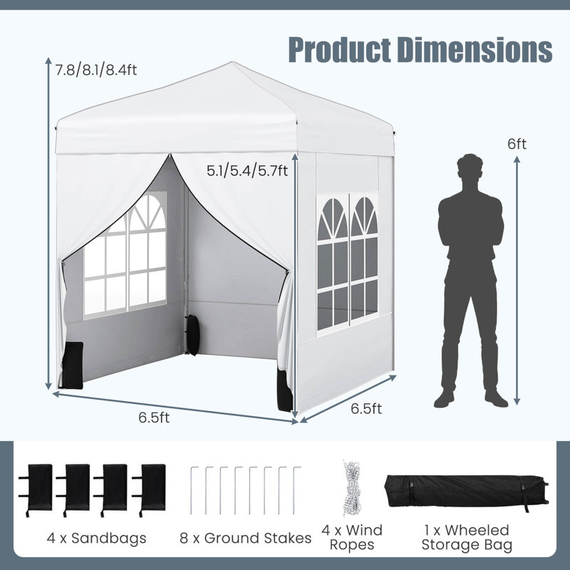 6.5 x 6.5 FT Pop up Canopy Tent with 4 Sidewalls, Wheeled Bag, 4 Sandbags, 8 Stakes, White