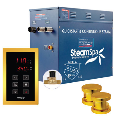 Ensemble de générateur de bain à vapeur 10,5 kW à démarrage rapide Steamspa Oasis Series avec drain automatique intégré en or brillant