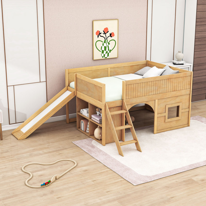 Wood Low Loft Bed with Slide and Storage Shelves, Natural