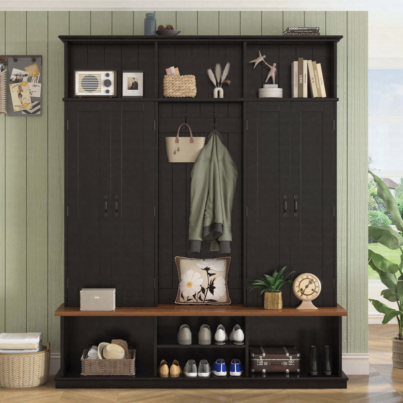 62.2" Farmhouse Entryway Hall Tree with Bench, Coat Rack Storage Cabinet with Hooks and Cubbies