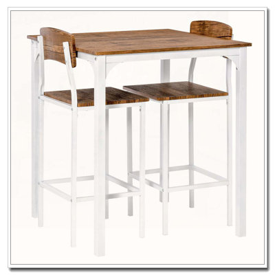 3 Piece Bar Table Set Industrial Counter Height Dining Table Set Bar Table & Chairs with Steel Legs & Footrests
