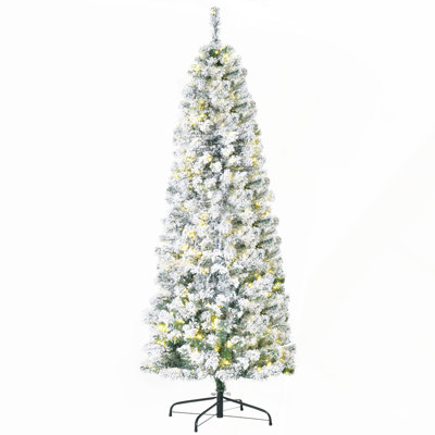 6ft Pre-Lit Snow-Flocked Slim Douglas Fir Artificial Christmas Tree with 250 LED Lights and 462 Tips, Perfect for Festive Decor