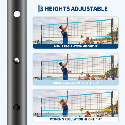 Ensemble de filet de volleyball portatif 32 pi avec hauteurs et poteaux réglables pour parc de plage