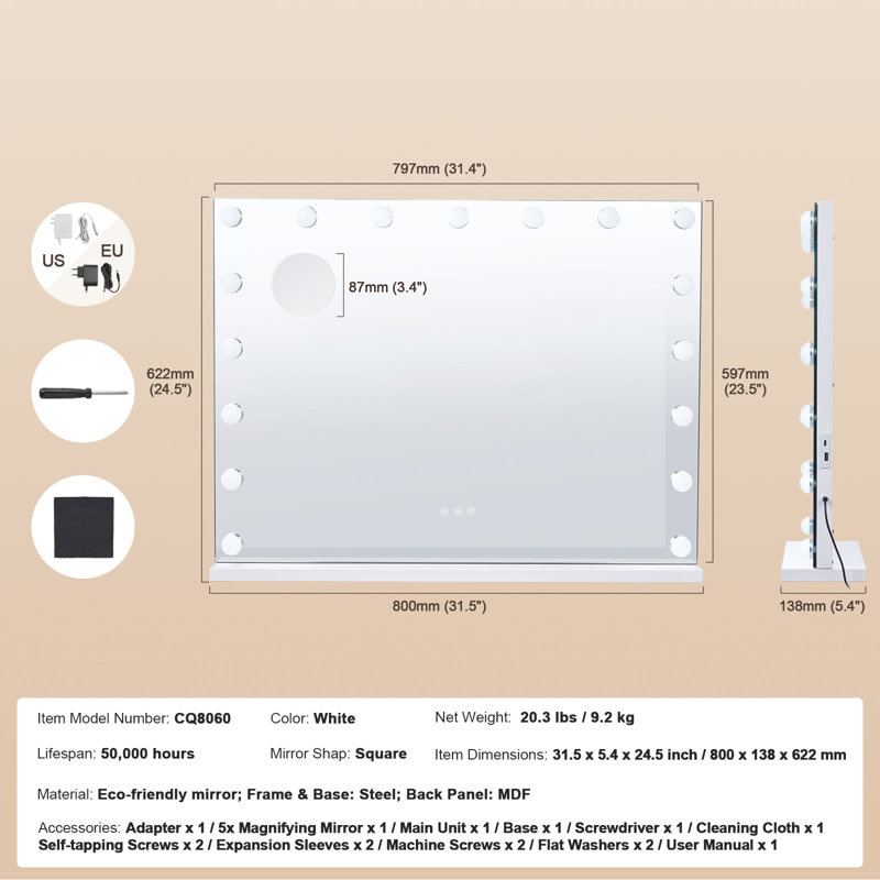 Miroir de salle de bain Hollywood avec lumières et fixation murale USB, 36 po x 28 po