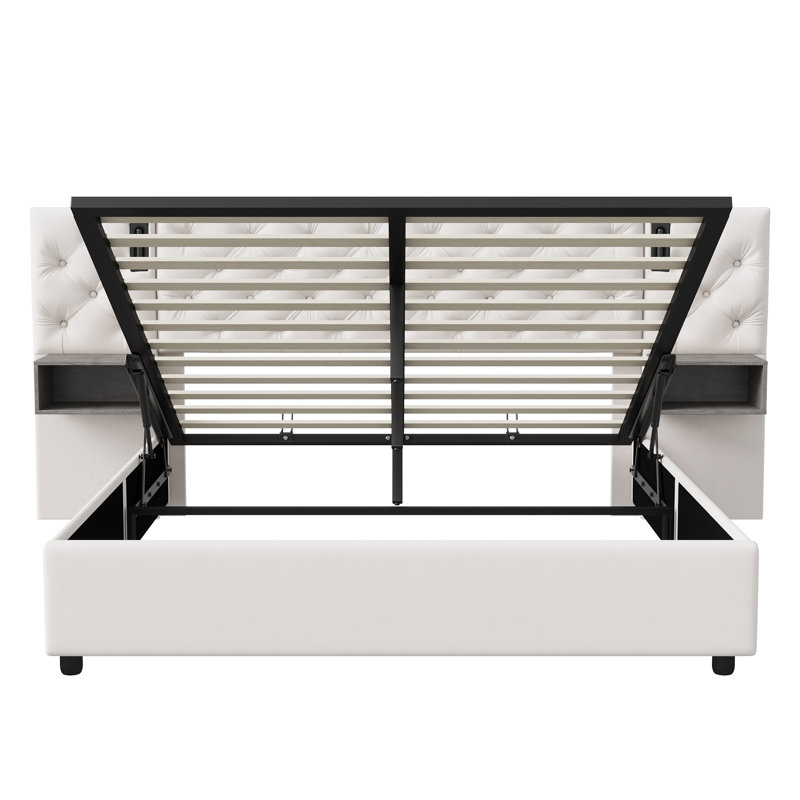 All-in-One Beige Velvet Ottoman Bed With Integrated Nightstands, Reading Lights & USB-C Charging, UK & EU Double & King