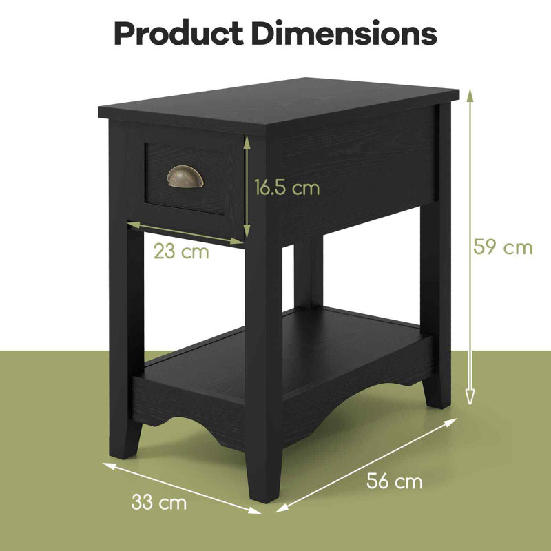 Adaelyn 56cm W Solid + Manufactured Wood Bedside Table, Black