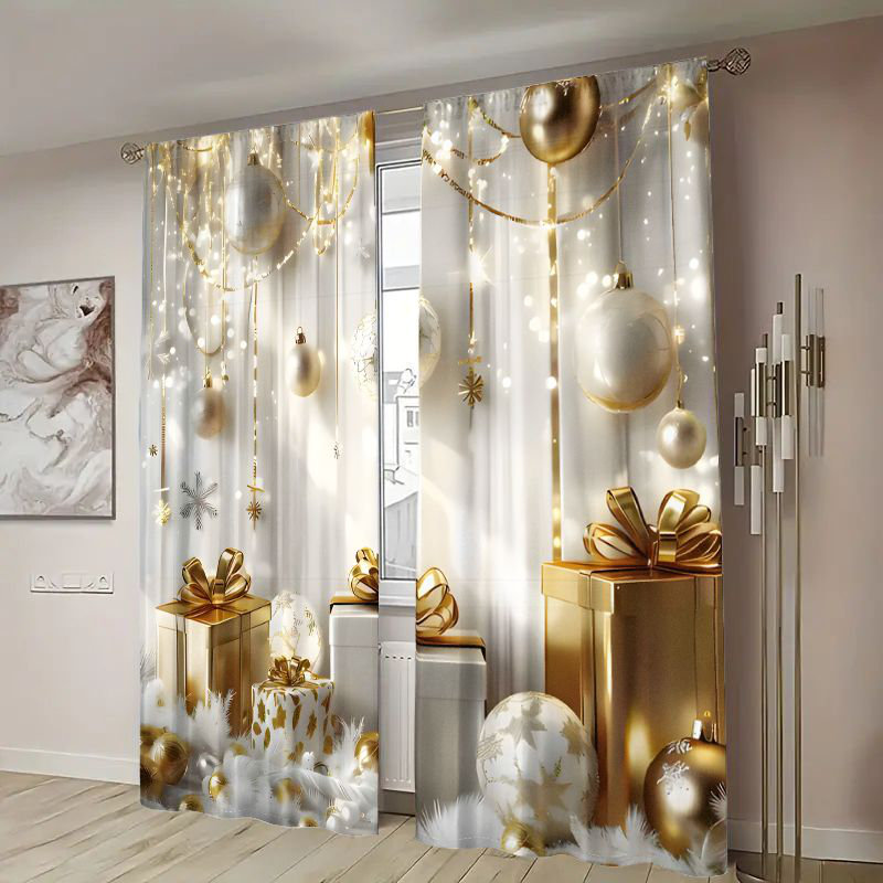 2Pcs Elegant Christmas Gift Boxes Window Curtains - Holiday Ornaments Gold White Design, Light Filtering Rod Pocket Panels Festive Home Decor for Living Room Bedroom Kitchen Dining